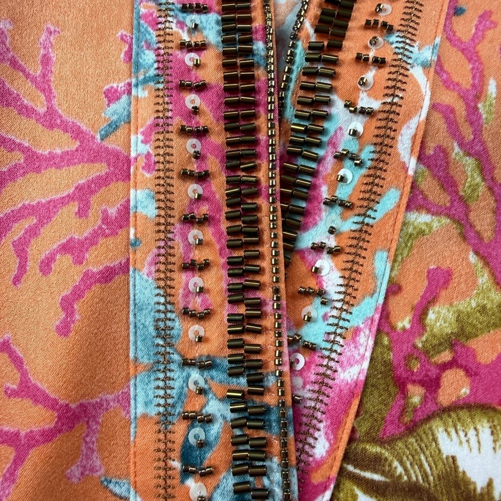 Chicos Open Kimono Slip Orange L/XL Seashell Print Beaded Bright Vacation Beach - Picture 13 of 16